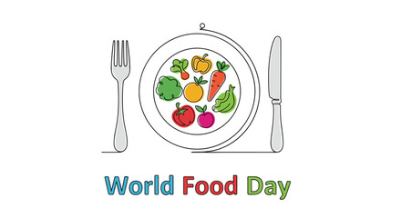 World Food Day concept illustration with a single continuous line drawing of a plate of vegetables fork and knife.