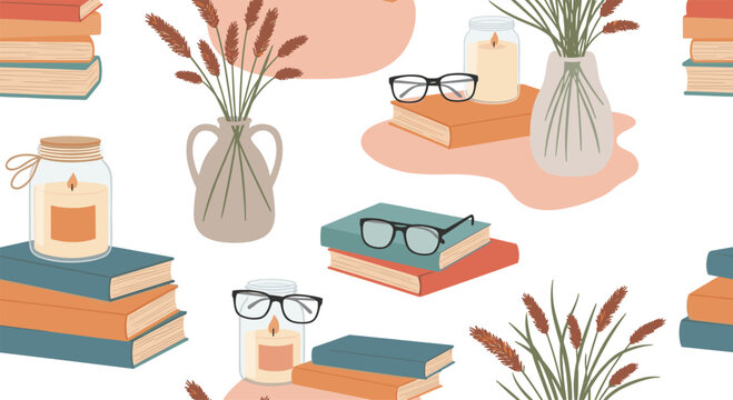 Aesthetic seamless pattern with cozy elements like books candles reading glasses and dried flowers in vases for decor.