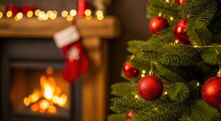 Closeup of a decorated christmas tree with red ornaments and a cozy fireplace with a stocking in the background