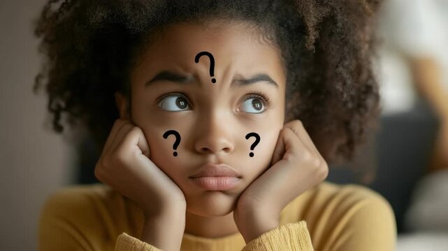 A girl with a black and white question mark on her forehead