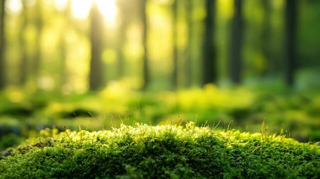 Lush green moss covers the forest floor Golden sunlight shines through the distant trees creating a soft bokeh
