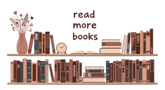 Bookshelves filled with colorful books and decorative items with the motivational phrase read more books in the center.