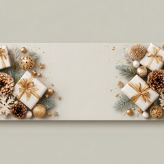 Obraz premium Festive flat lay of golden Christmas presents, ornaments, pine branches, and holiday decor on a beige background with copy space.