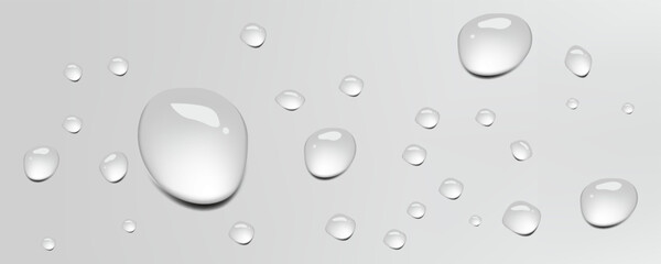 Blue transparent water drops on light background with realistic wet condensation and liquid droplet flow effect.