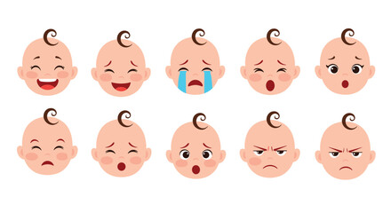 Obraz premium A collection of cute cartoon baby faces showing a wide range of different emotions and expressions on white background.