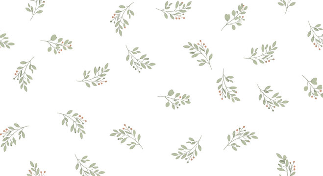 Simple seamless botanical background with minimalist green branches and leaves scattered across a plain white surface.
