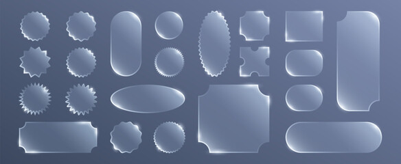A vector glassmorphism set with transparent UI frames, shapes, and backgrounds with soft glow effects, designs for interfaces and modern designs.