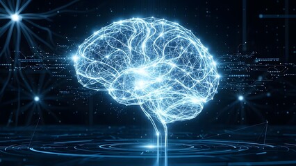 A futuristic digital representation of a glowing human brain, symbolizing advanced artificial intelligence, neural networks, and interconnected data processing