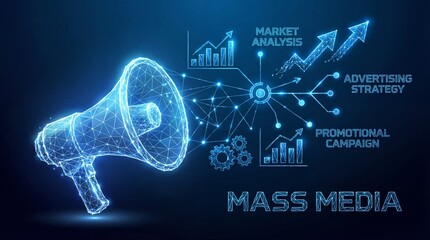 Low Poly Megaphone Mass Media Advertising Strategy Promotional Campaign Market Analysis.
