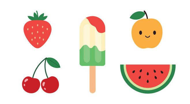 A cute summer food set including a strawberry cherry popsicle watermelon slice and a happy apple on white background.