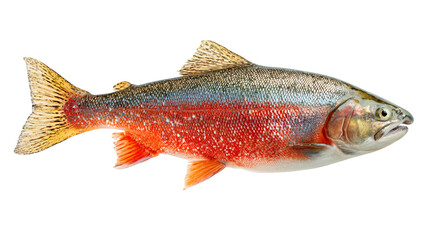 A vibrant colorful rainbow trout fish with a bright red stripe and silver scales swimming against a stark black background