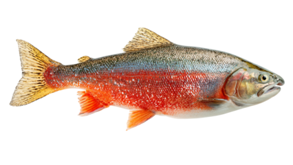 A vibrant colorful rainbow trout fish with a bright red stripe and silver scales swimming against a stark black background