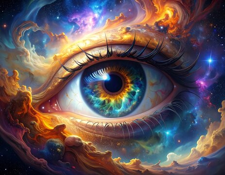 Surreal art depicting an eye merging with a vibrant nebula and swirling cosmic colors, capturing a sense of wonder and vastness