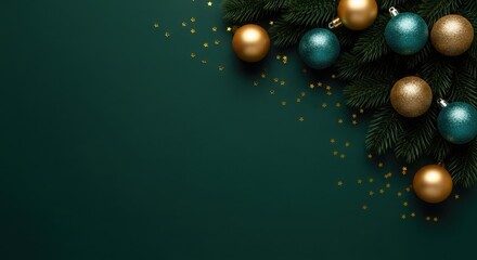 Elegant dark green background with festive gold and teal christmas ornaments and pine branch corner decoration