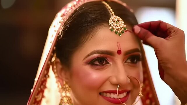 Bride getting traditional Indian forehead jewelry.