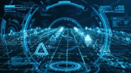 A futuristic heads-up display shows a high-speed journey through a glowing blue digital grid landscape, representing a virtual reality cyberspace path with abstract data points - Powered by Adobe