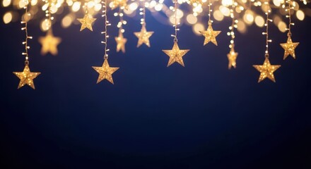 Golden starshaped string lights hanging against a dark blue background, creating a festive and magical atmosphere