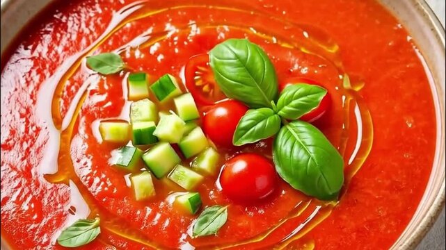 Gazpacho andaluz tradicional servido en cuenco de cer&aacute;mica, decorado con dados de pepino, tomates cherry, albahaca fresca y un toque de aceite de oliva virgen extra