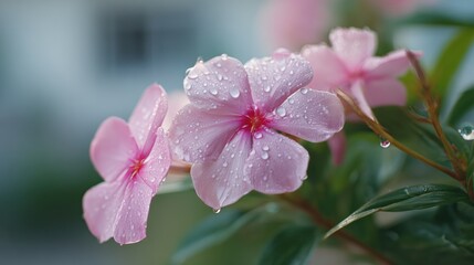 Close-up of delicate pink flowers adorned with glistening water droplets