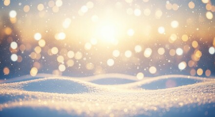 Soft focus winter landscape with sparkling snow drifts under bright golden sunlight and falling bokeh