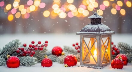 A cozy winter scene featuring a snowdusted lantern surrounded by red ornaments and pine branches with festive bokeh lights