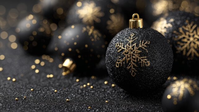 Luxury christmas greeting card with elegant black ornaments on dark festive background, stylish holiday decoration for modern xmas celebration