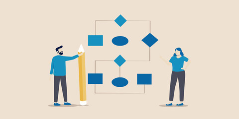 Teamwork on flowchart with pencil business process analysis and planning