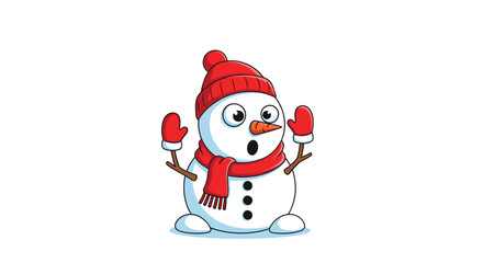 A surprised cartoon snowman wearing a red hat, scarf, and mittens stands with wide eyes and an open mouth.