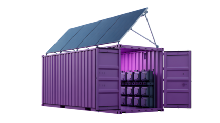 A purple container holds many batteries under a solar panel array.