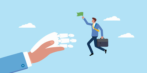 Businessman reaching goal with robotic hand assistance in blue sky