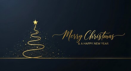 Elegant golden christmas tree design with sparkling lights and merry christmas happy new year text on dark blue background