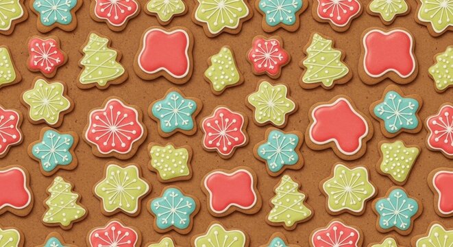 Festive gingerbread cookies background with colorful icing on a rustic brown surface - Powered by Adobe