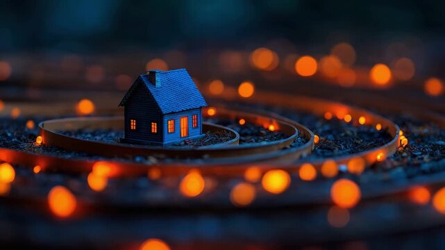 A tiny blue model house glows warmly in darkness Orange bokeh lights spiral around the miniature dwelling on dark ground