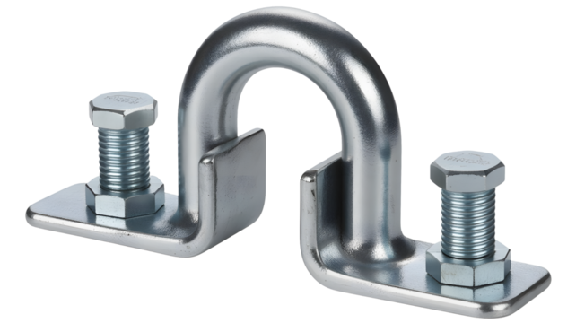 A metal tie down loop with bolts is attached to a surface for securing cargo.