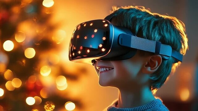 Young cheerful boy side profile wearing a VR headset, immersed in a virtual game with a softly lit Christmas tree bokeh in the festive background, joyful holiday tech scene