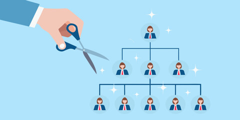 Hand with scissors cutting an organizational chart downsizing and restructuring concept