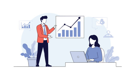 Business professionals collaborating on a growth strategy during a meeting with a presenter showing positive financial charts.