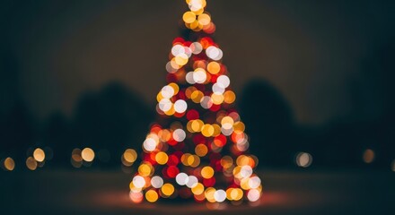 A beautifully blurred bokeh image of a christmas tree illuminated with warm, colorful holiday lights against a dark background