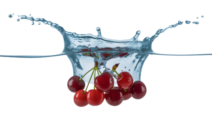 Red cherries splash into clear water creating a large wave on a black background.