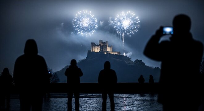 Fireworks burst brilliantly over an illuminated historic castle at night