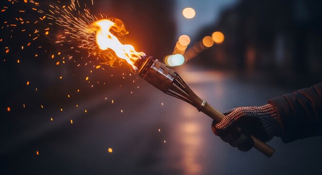 Hand wearing a chainmail glove holds a burning bamboo tiki torch casting sparks in a dark, blurred urban night setting