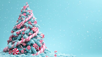 Luxury giant christmas tree adorned with candy cane decorations on a pastel blue festive background, elegant holiday centerpiece for seasonal celebration and winter decor