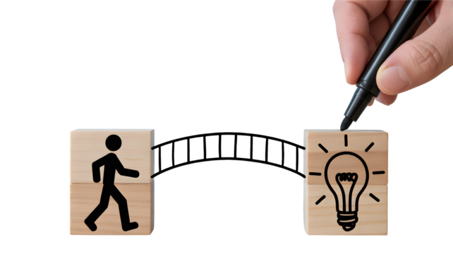 A walking figure approaches a bright idea drawn on blocks.