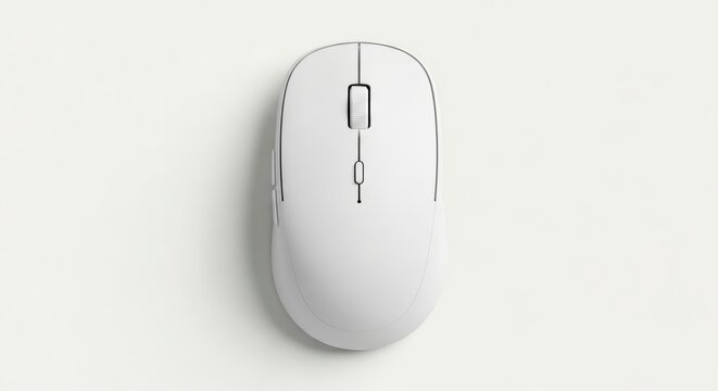 White wireless computer mouse on a white background, top view.