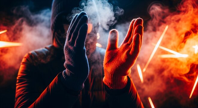 Man with gloved hands creating visible condensation or vapor. Mystical visual with vibrant colors. Dramatic lighting and evocative mood