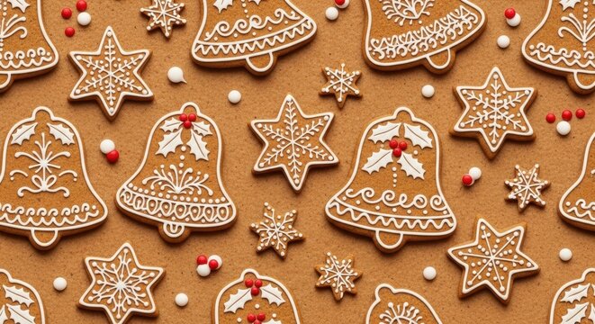 Festive gingerbread cookies in bell and star shapes with intricate icing patterns