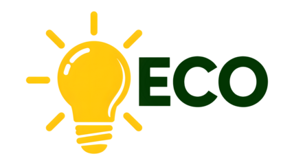 A bright idea symbol shows the word eco glowing green on a black background.