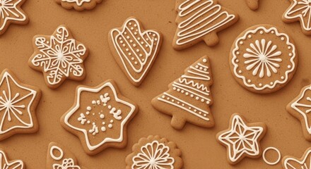 Festive gingerbread cookies with delicate icing designs arranged against a soft brown backdrop
