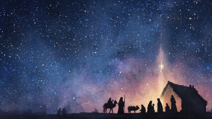 Traditional Nativity Scene with Baby Jesus, Mary, Joseph, and Wise Men Surrounded by Festive Christmas Decorations, Warm Candlelight, and Seasonal Holiday Elements for Greeting Cards and Winter Celebr © Muhammad