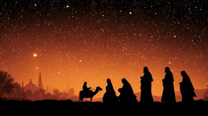 Fototapeta premium Traditional Nativity Scene with Baby Jesus, Mary, Joseph, and Wise Men Surrounded by Festive Christmas Decorations, Warm Candlelight, and Seasonal Holiday Elements for Greeting Cards and Winter Celebr